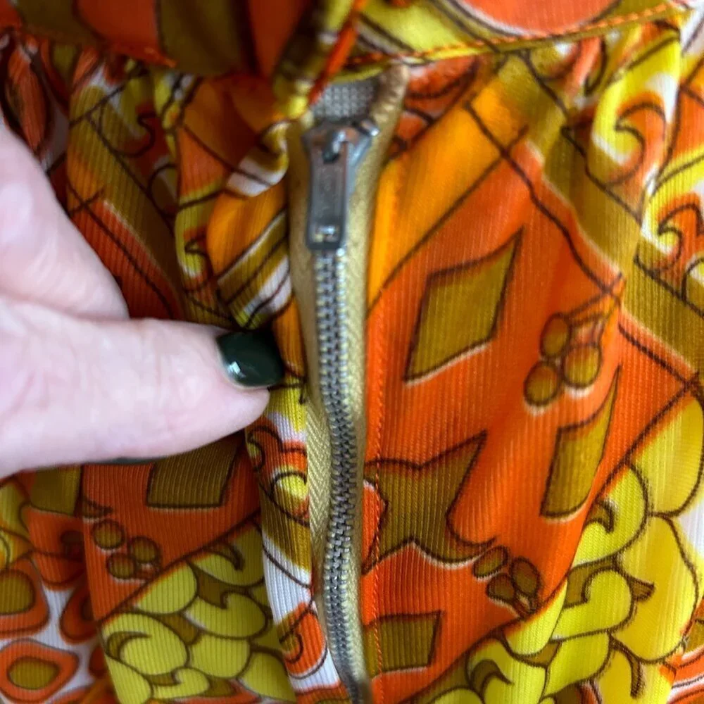 Vintage 60s 70s Pop Art Orange Yellow Geometric Nylon Maxi Skirt